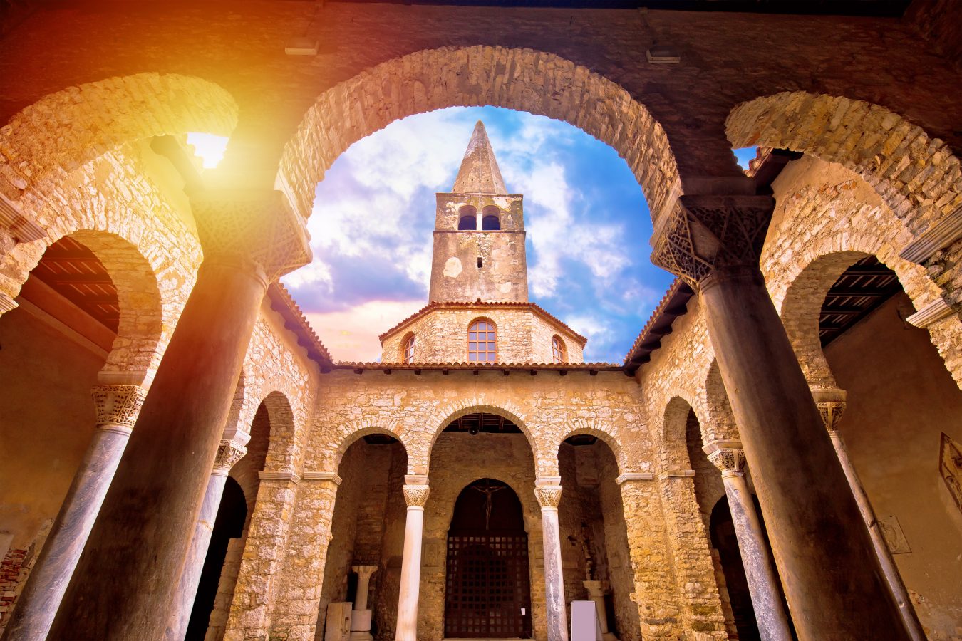 Atrium and bell tower of the Euphrasian Basilica in Poreč, a UNESCO World Heritage Site in Croatia