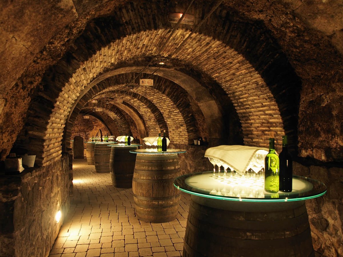 Wine tasting setup inside traditional Istrian wine cellar with stone arches and barrels