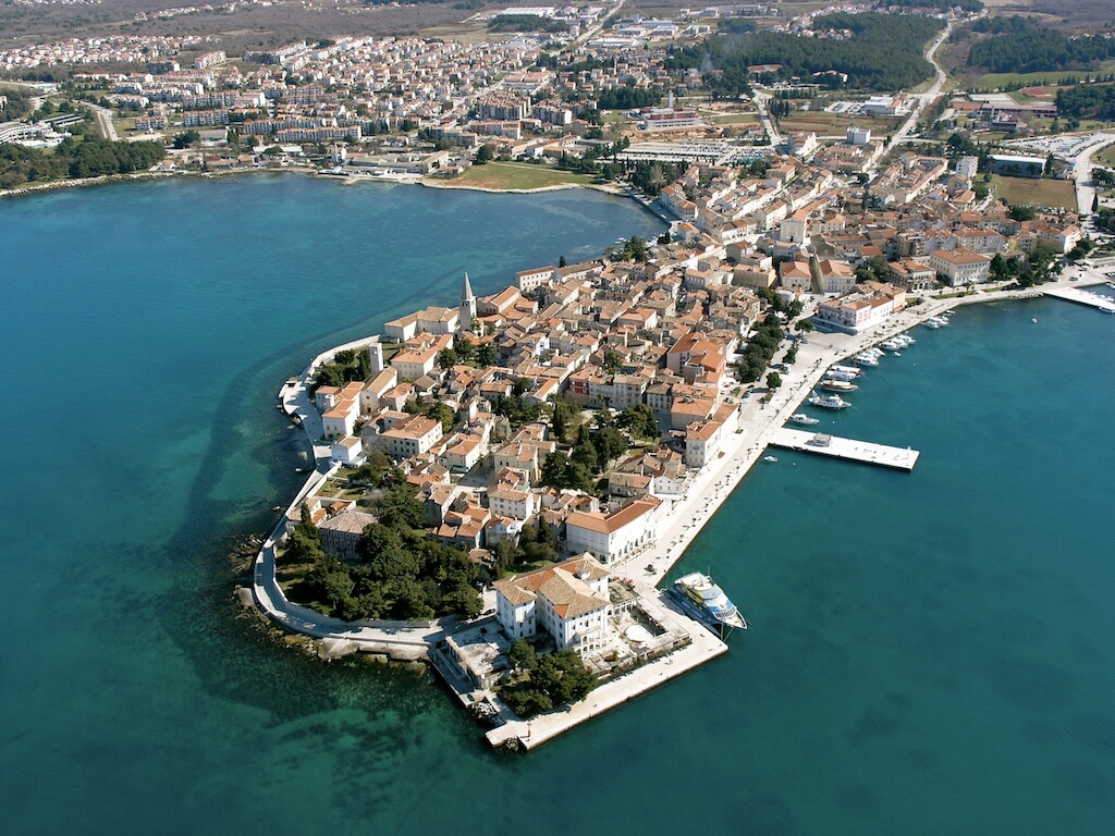 Aerial view of Poreč Old Town surrounded by the Adriatic Sea on Croatia’s Istrian coast